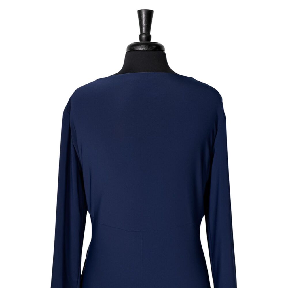 Lauren Ralph Lauren Dress 16 Navy Blue Ruched Faux Wrap Midi Sheath Stretch - Picture 9 of 10